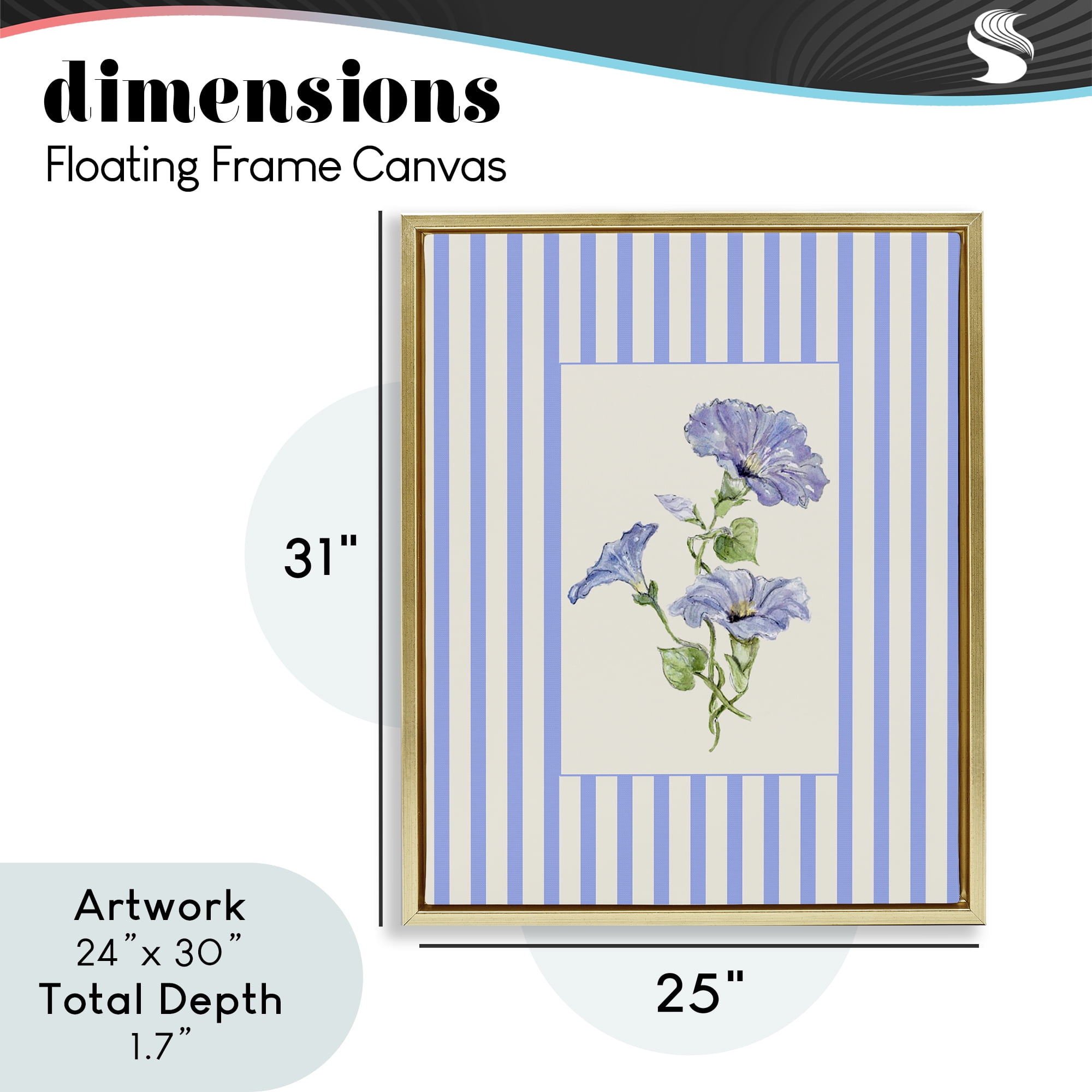 Blue Stripe Morning Glory Gold Framed Floater Canvas Wall Art, design by Lisa Wehmeyer