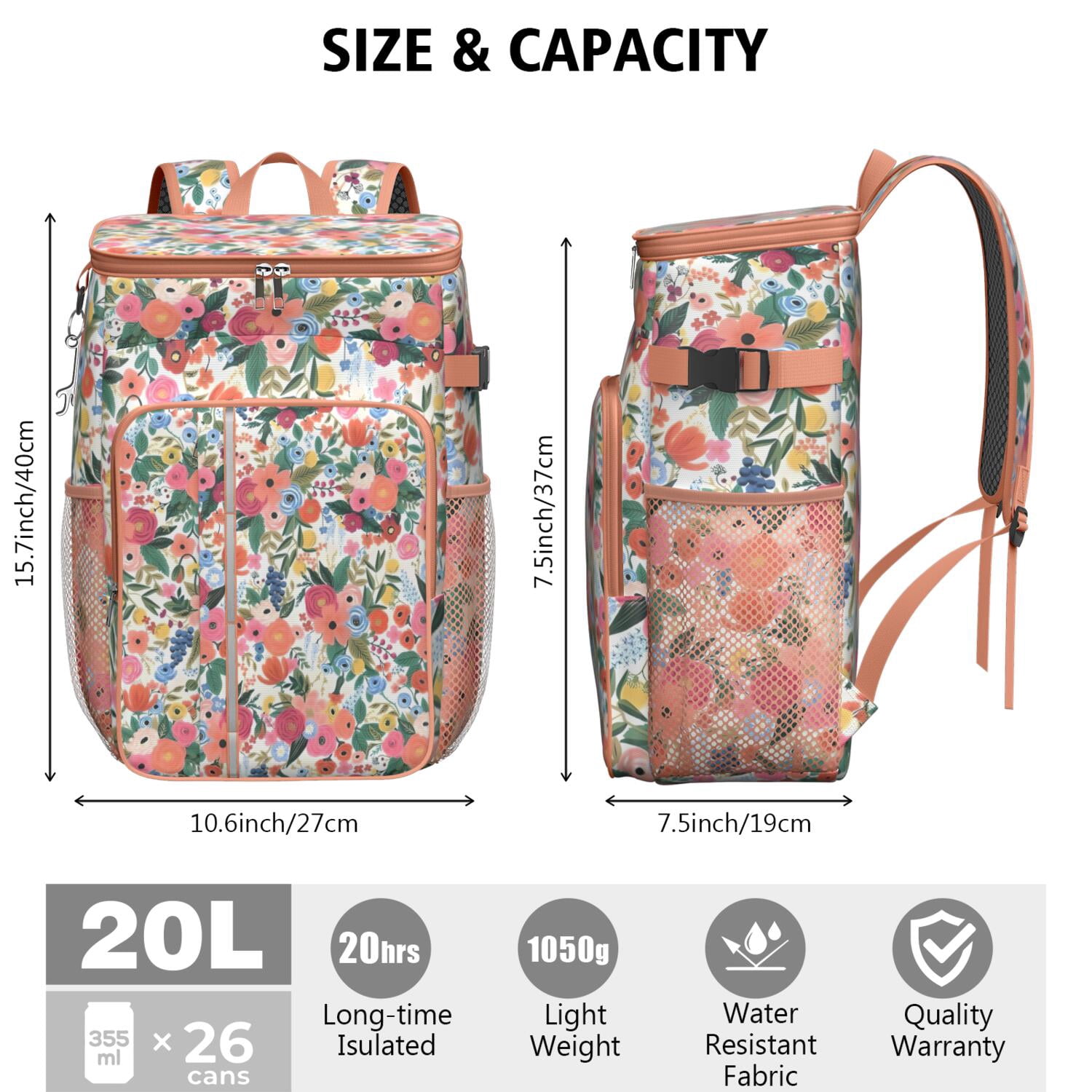Travel Cooler Bag - Pioneer Flower Floral Print Pattern Camping Beer Cooler Backpack with Bottle Opener- Waterproof Insulated Picnic Backpacks - Cooler Bag for Beach