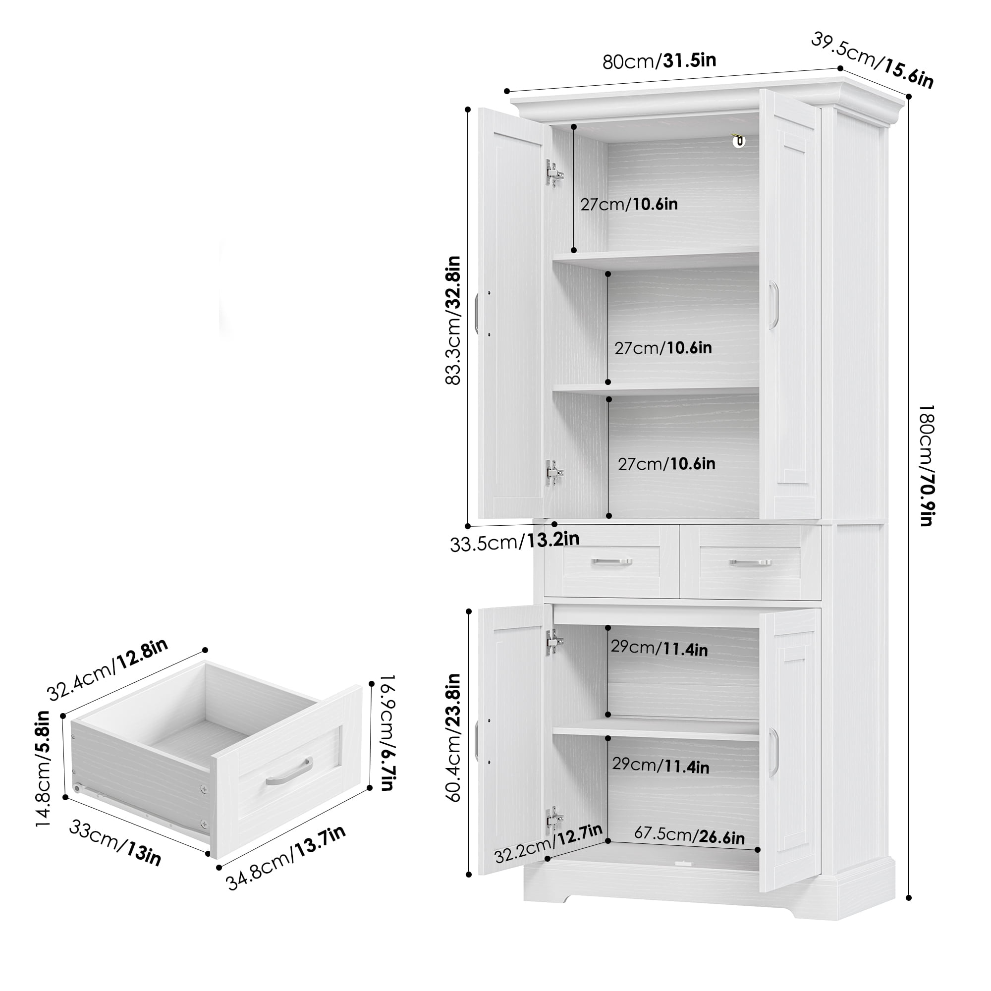 Homfa 70.9'' Tall Kitchen Pantry with 4 Doors, 2 Drawer Modern Freestanding Storage Cabinet for Dining Room Living Room, White