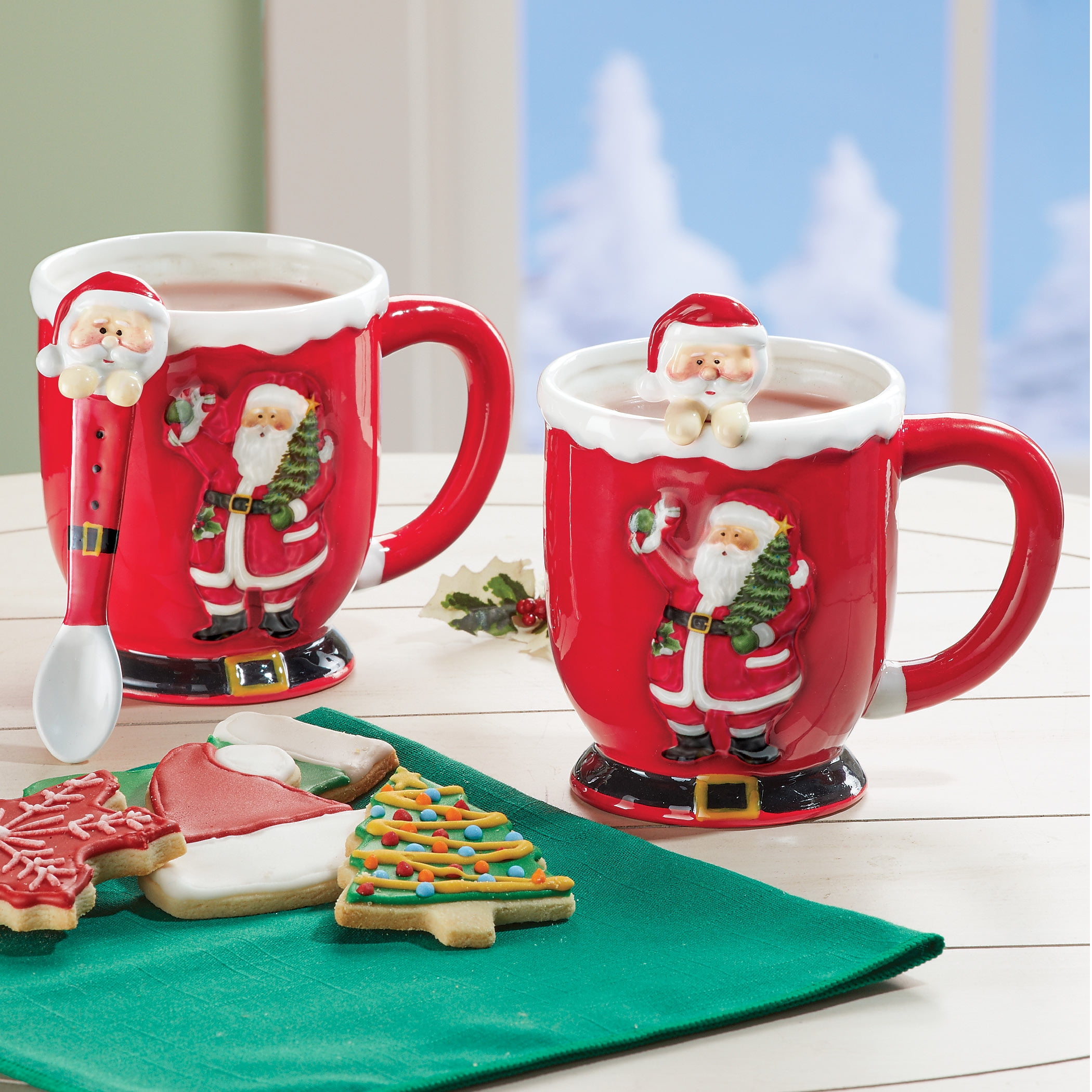 Collections Etc Red Santa Mugs with Spoons - Set of 2 - Walmart.com