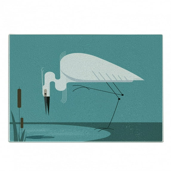 Egret Cutting Board, Modern Nature Illustration with Bird Stands on Lake Shore, Decorative Tempered Glass Cutting and Serving Board, in 3 Sizes, by Ambesonne