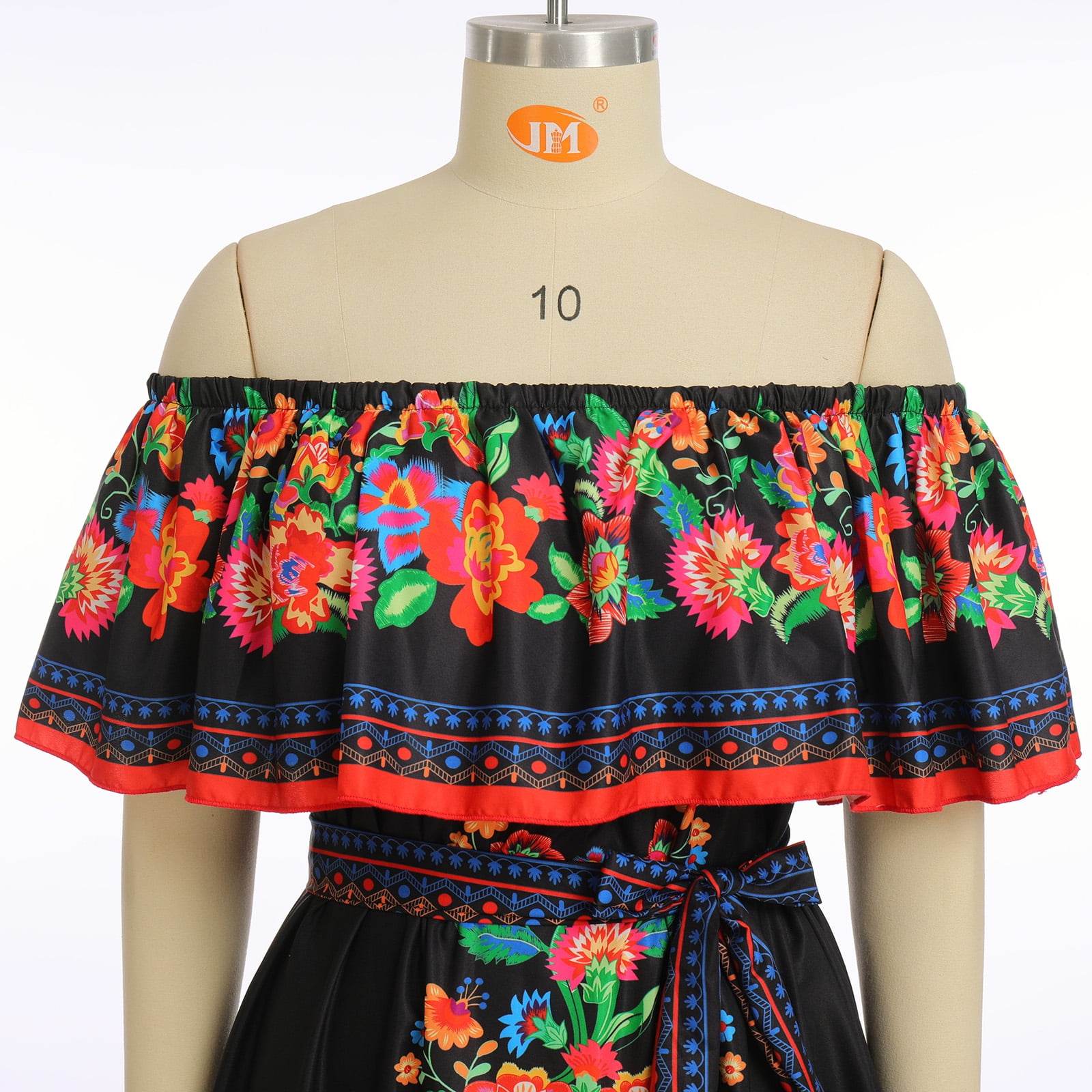 IBTOM CASTLE Women's Mexican Dress Floral Print Smocked Traditional Wear Off Shoulder Beach Holiday Party Long Maxi Dresses M Black