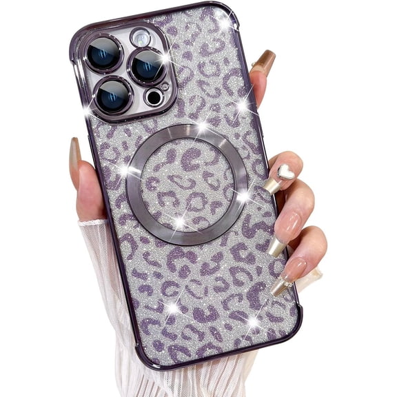 Designed for iPhone 14 Pro Case,Compatible with MagSafe Cheetah Print Plating Camera Protection Clear Phone Case, Magnetic Glitter Leopard Print for Women Girls Phone Case 6.1"-Purple