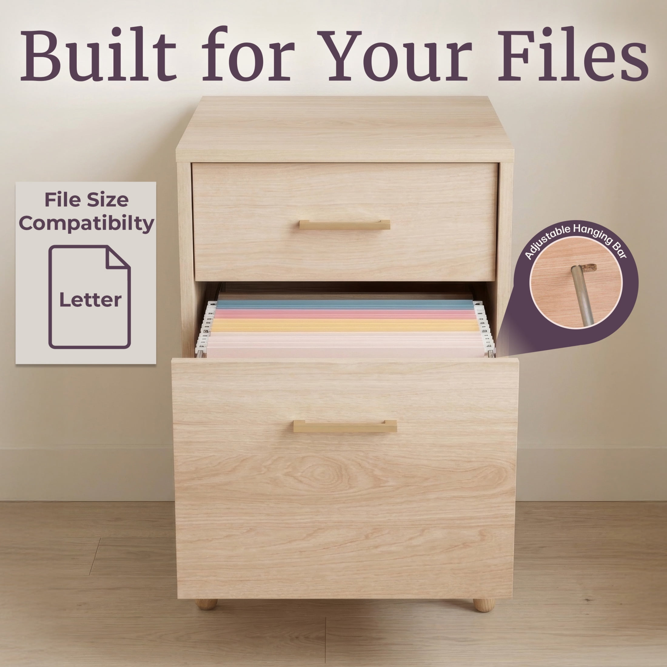 Lavish Home 2 Drawer File Cabinet with Adjustable Hanging Bars for Office Storage, Natural
