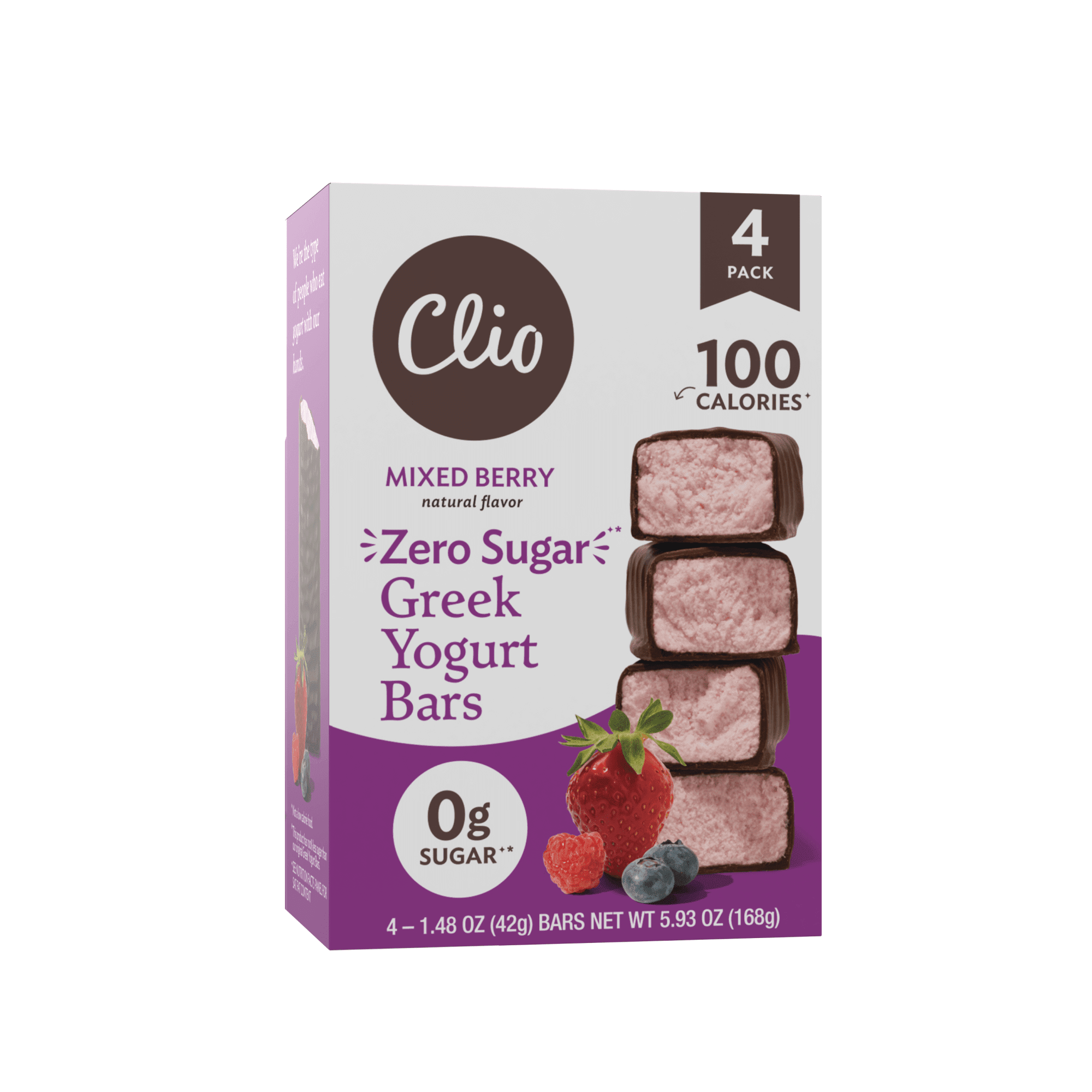 Clio Zero Sugar Mixed Berry Greek Yogurt Bar in Chocolatey Coating, 1.48 oz, 4 Ct