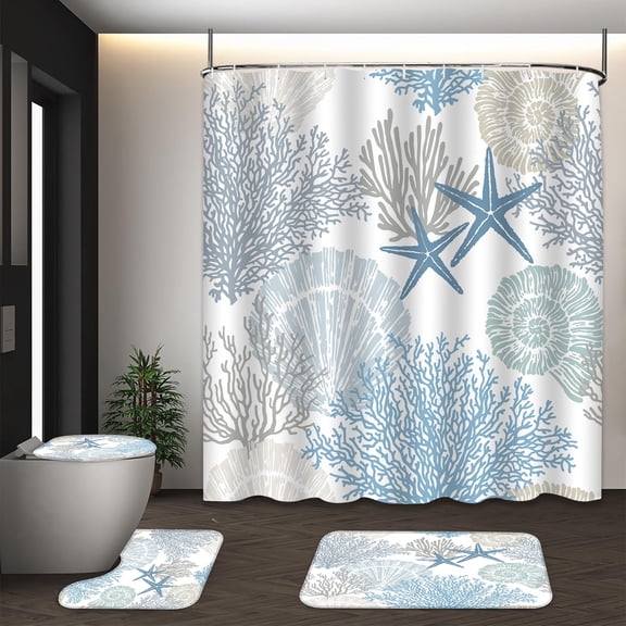 LVRLVR 1/4 Coastal Coral & Starfish Fabric Shower Curtain Rug Set - Ocean Bath Mat Bathroom Decoration,Blue, 70.8" × 70.8"