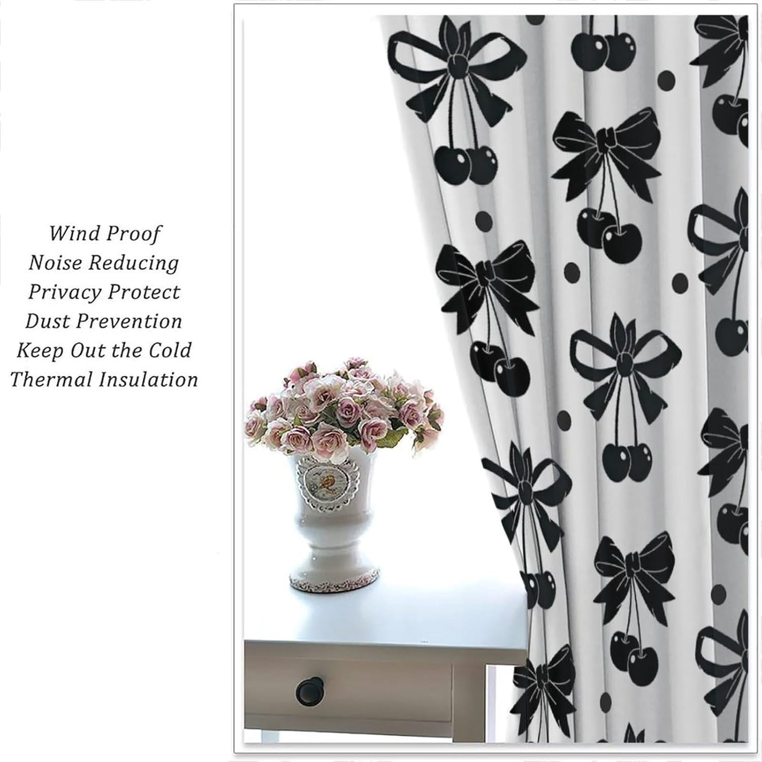 Black Bow Curtains, Vintage Dark White Cherry Ribbon Bows Aesthetic Print Window Drapes Curtains for Kids Girls Bedroom Livingroom Bathroom, 55" W X 39" L