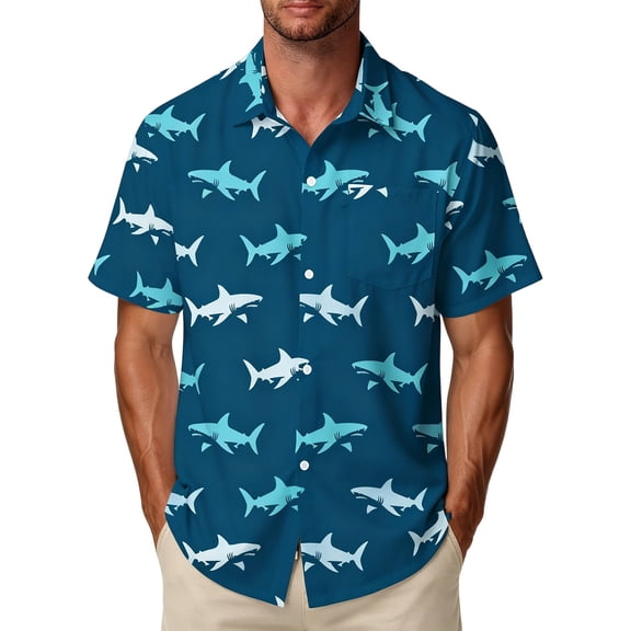 CONZONE Mens Hawaii Beach Shirts Short Sleeve Buttons Down Shirts for Men Trendy Shark Graphic Collared Soft Lightweight Summer Tops
