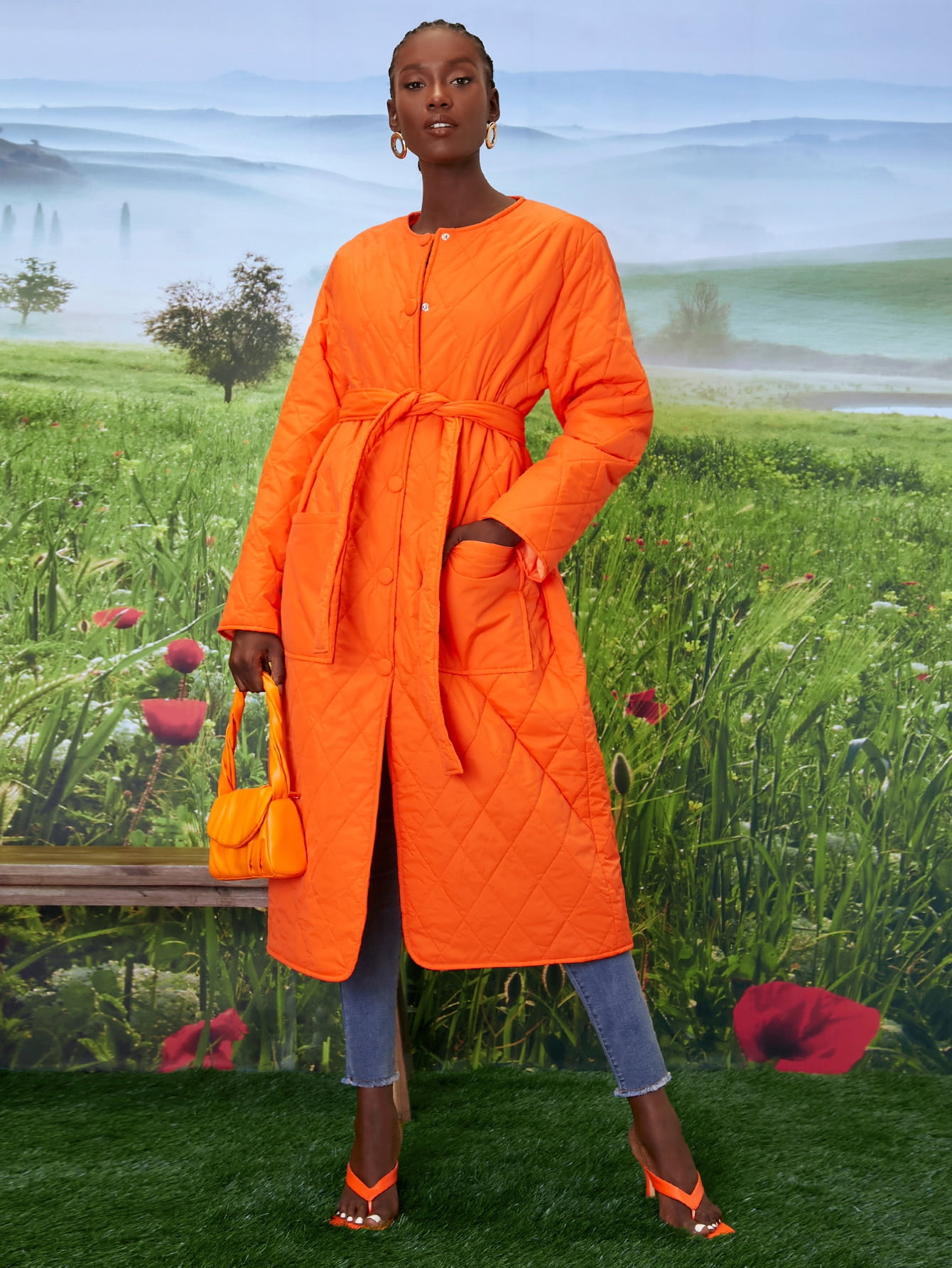 Button Front Belted Quilted Winter Coat 
