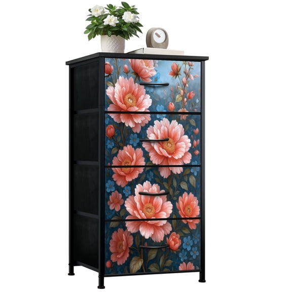 Dresser for Bedroom with 4 Storage Drawers Coral Pink Peony Blooms Blue Wildflowers Rich Blue Botanical Dressers Chest of Drawers Steel Framed Fabric Closet Organizers for Entryway