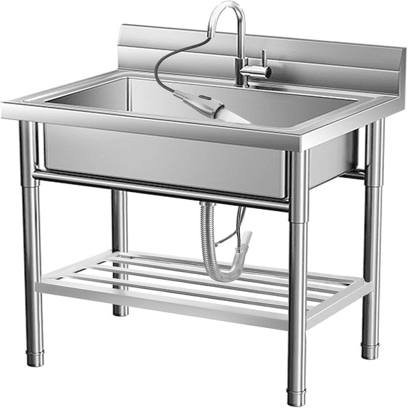 Stainless Steel Utility Sink,Free Standing Commercial Kitchen Sink Set with Hot/Cold Pipes&Pull-Down Faucet for Restaurant Laundry Garage Outdoor Garden