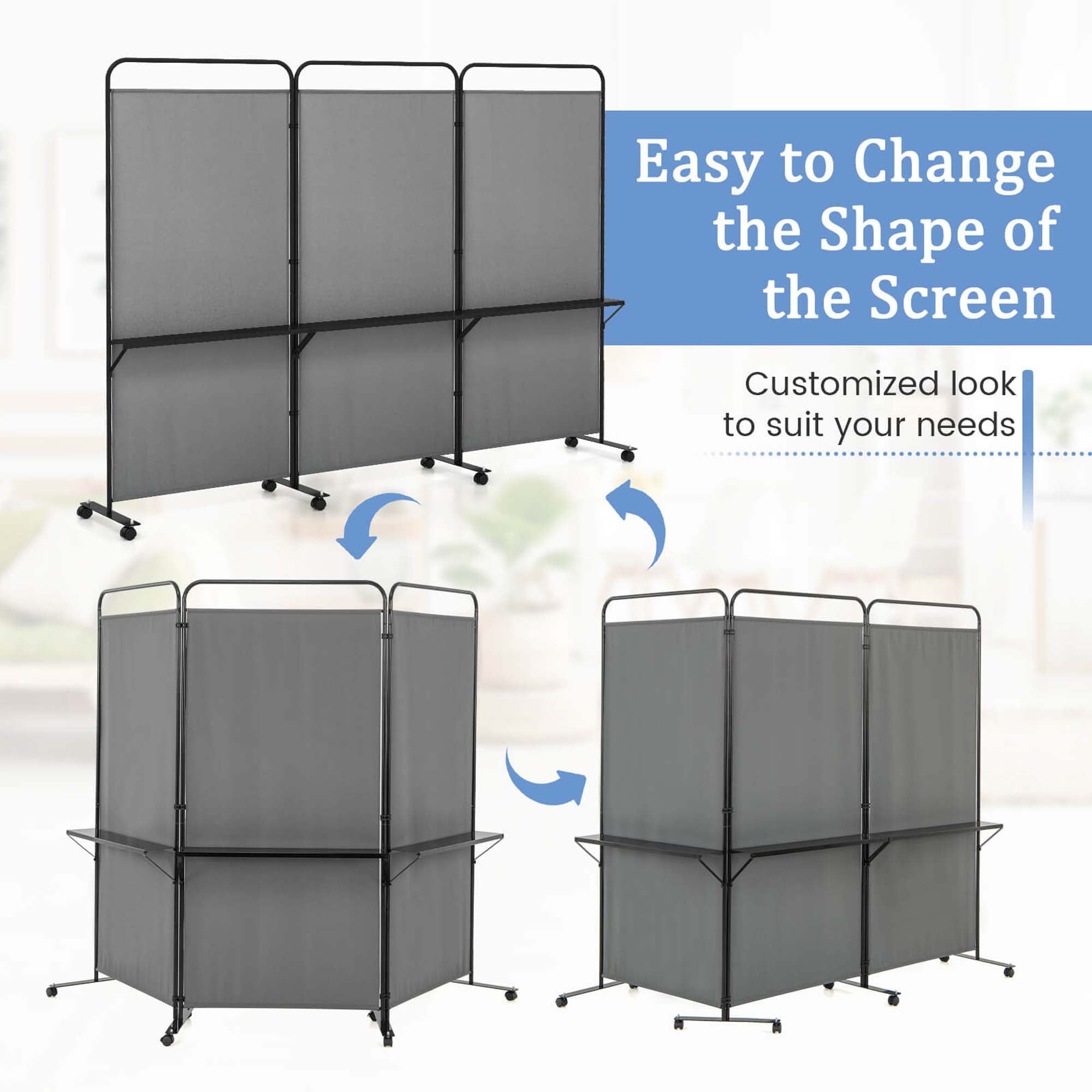 Costway 3-Panel Room Divider with Storage Shelves 6FT Tall Folding Privacy Screen on Wheels Gray