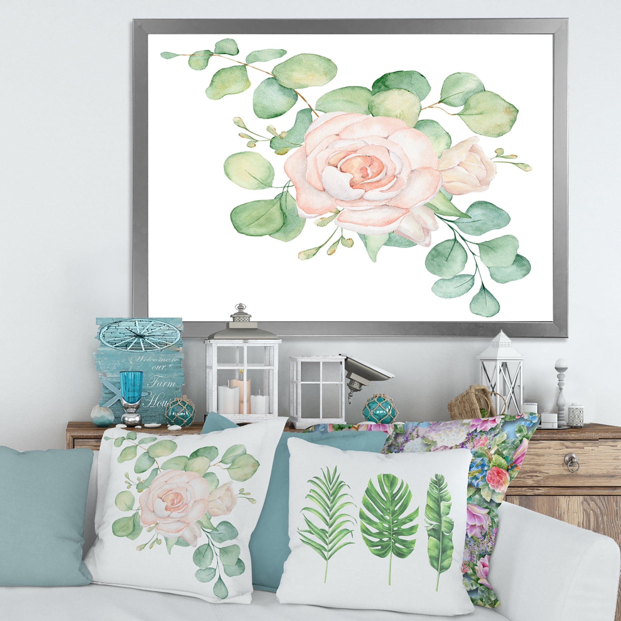Designart 'Bouquet of Pink Roses Flowers and Eucalyptus Leaves' Traditional Framed Art Print