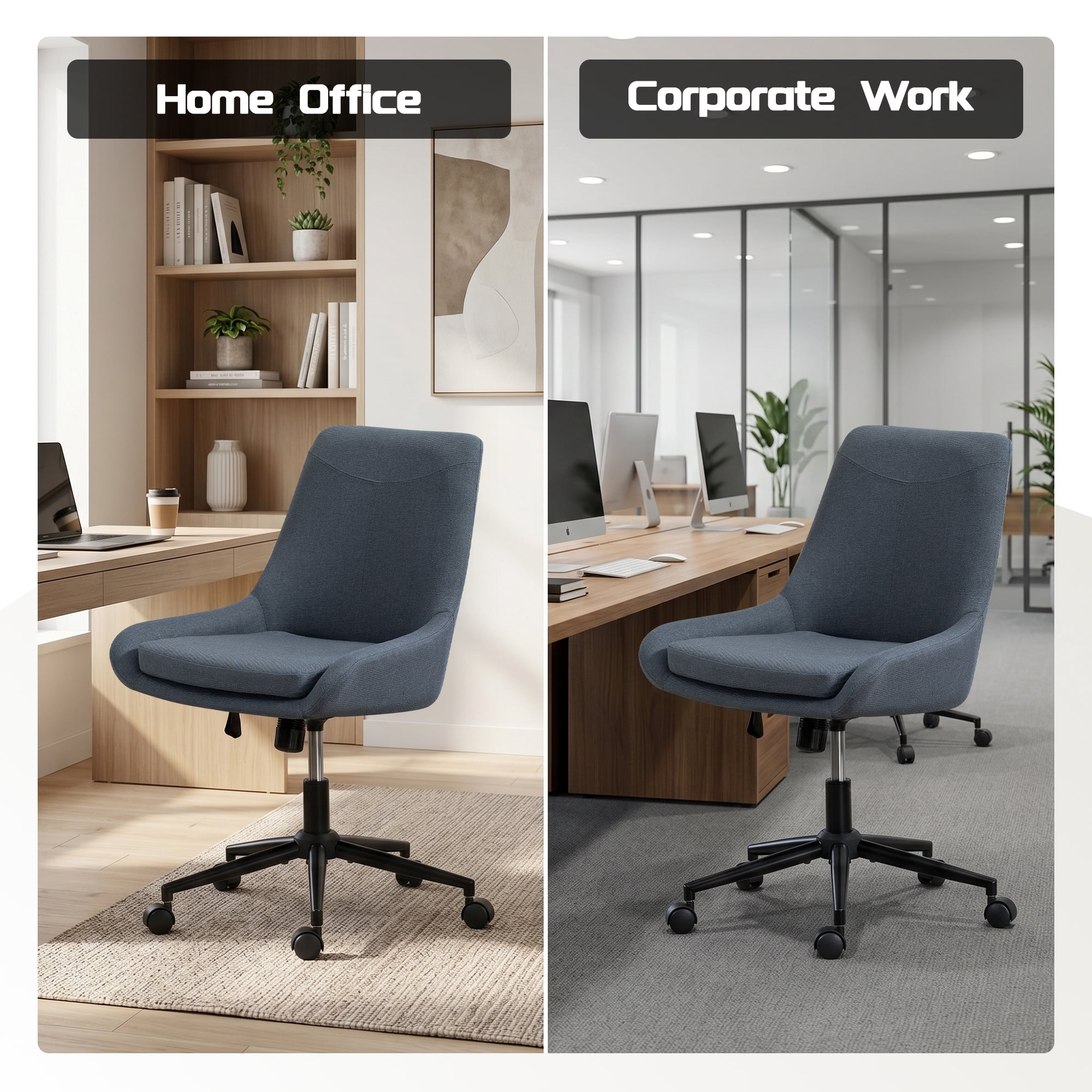 Linen Fabric Home Office Task Chair, Armless Vanity Chair With Wheels, Swivel Adjustable Seat Height Desk Chair with Rocking Function for Bedroom, Living Room or Study Dark Gray