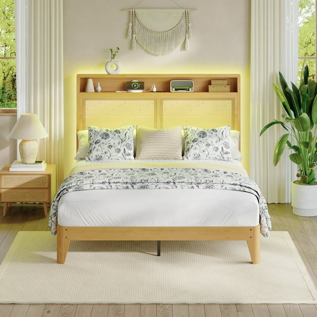 Rattan Bed Frame with LED Lights, Boho Wood Bed Frame with Storage Headboard & Charging Station, Silent Slats, No Box Spring Needed