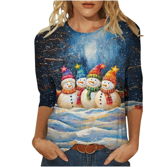 Christmas Tops for Women Fall Snowman 3/4 Sleeve Round Neck Tees Tshirts Tops Holiday Fall Clothes My Items
