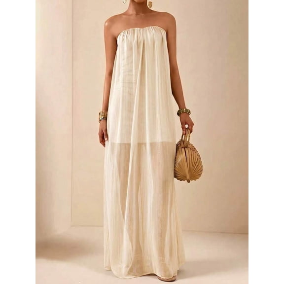 Women Strapless Chiffon Maxi Dress, Shiny Sheer Tube Top Long Dress, Summer Vacation Beach Flowy Dress
