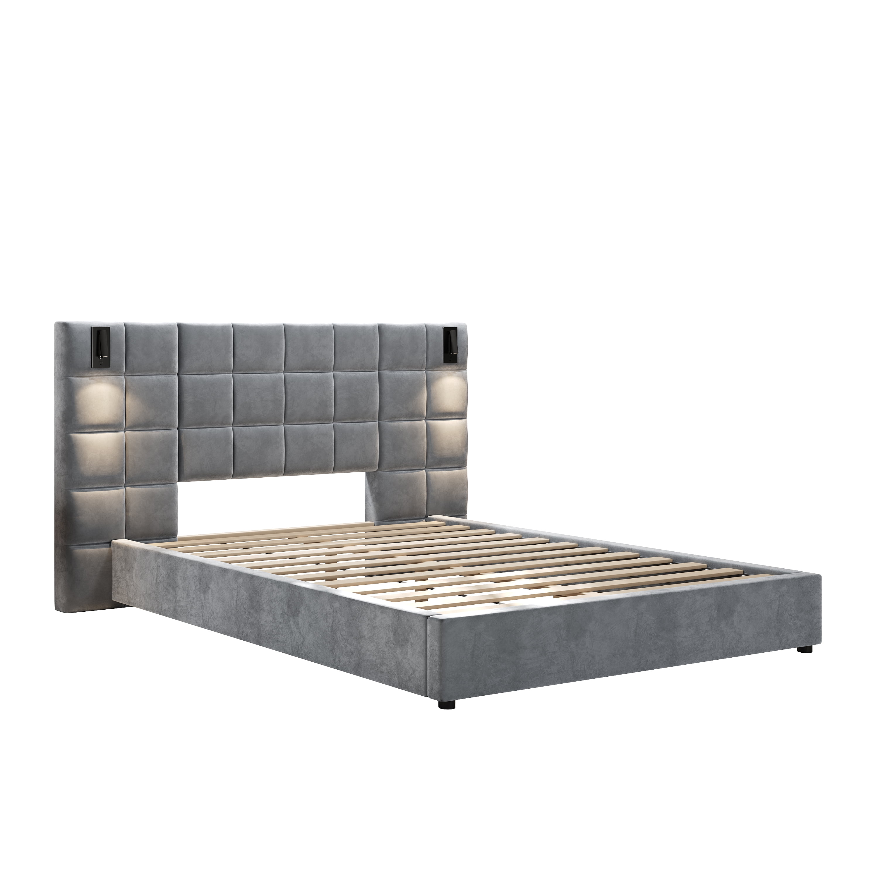 Queen Size Upholstered Bed Frame with Adjustable Wall Sconce & USB Port, Velvet Platform Bed with Wide Padded Headboard for Bedroom, Gray