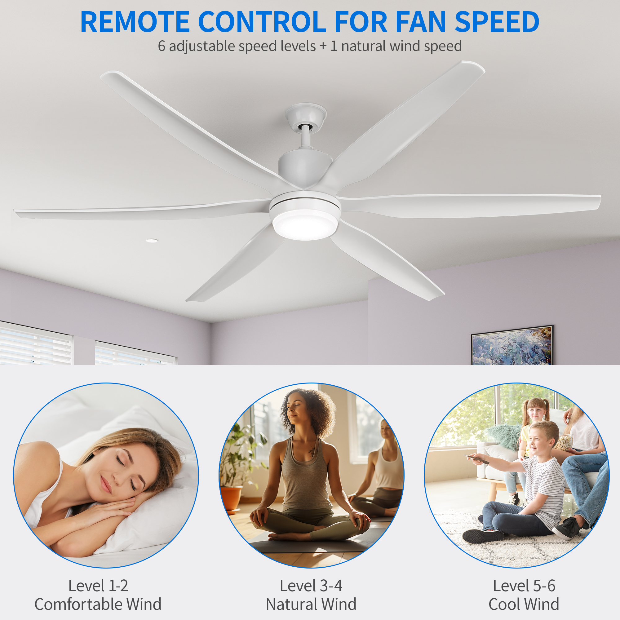 Uforic Modern 66" 6-Blade Ceiling Fan with LED Light, 6-Speed Reversible Outdoor Ceiling Fan for Patio, Quiet DC Motor, App & Remote Control (White)