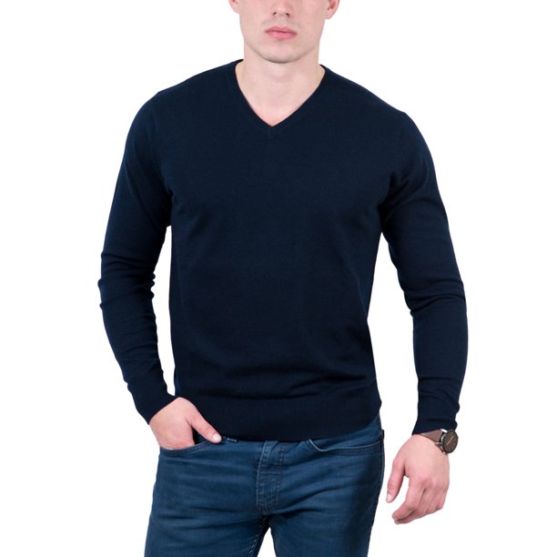 Real Cashmere - Real Cashmere Navy Blue V-Neck Cashmere Blend Mens ...