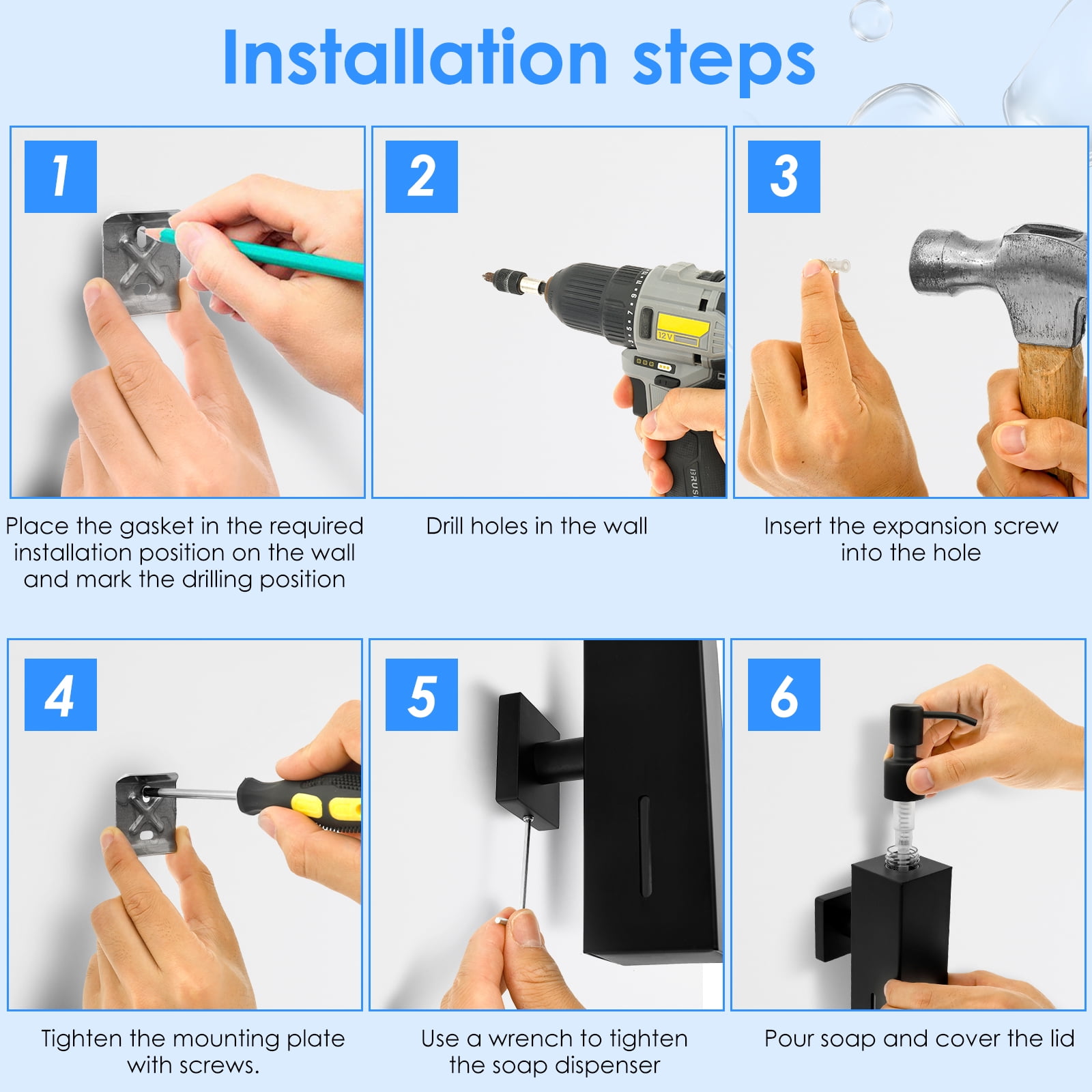FKSZLL Soap Dispenser Wall Mounted Hand Shampoo Dispenser for Bathroom Matte Black Stainless Steel Soap Dispenser with Screw Shower for Home Bathroom Kitchen