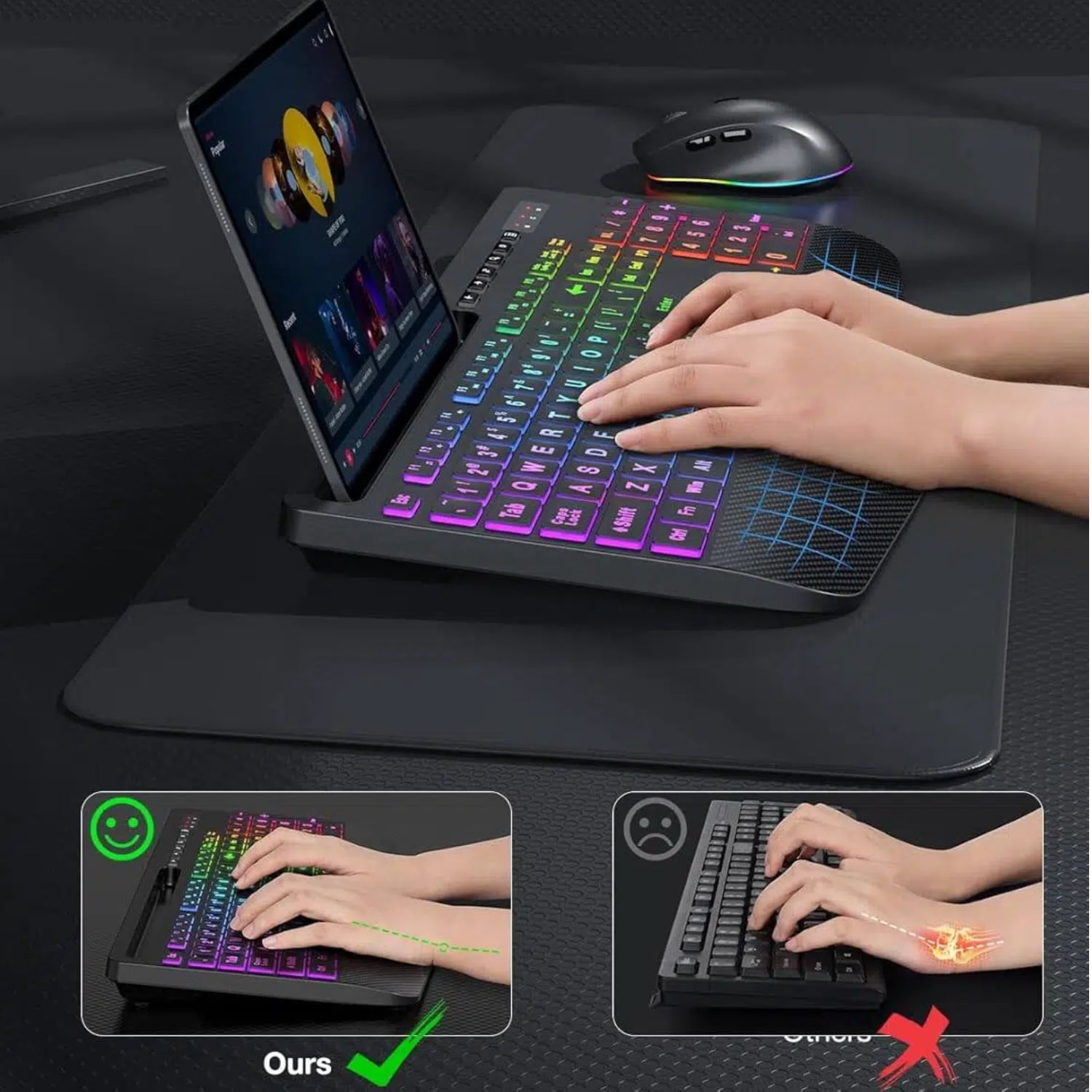 Wireless Keyboard and Mouse Combo with 9 Backlit, Wrist Rest & Phone Holder, Large Print,Deep Black
