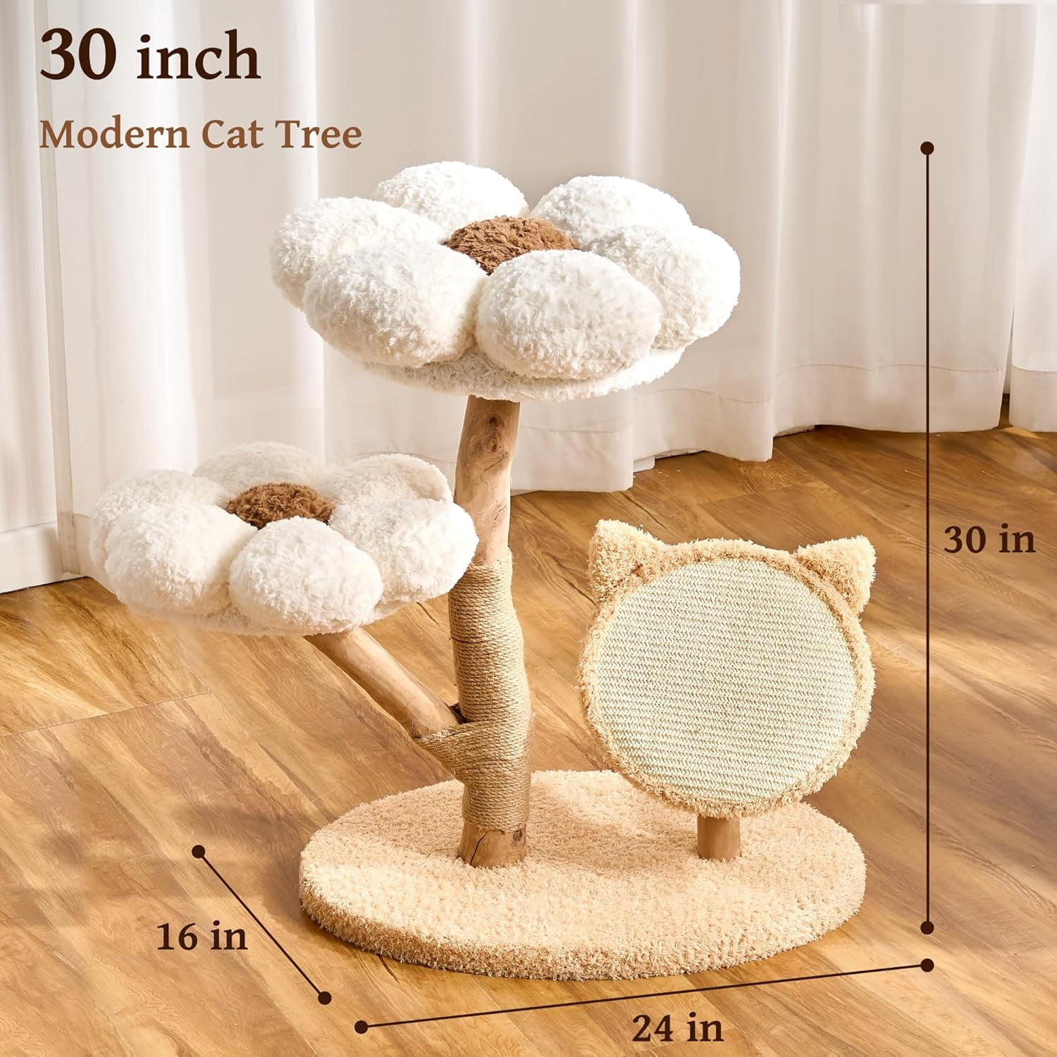 Modern Natural Solid Wood Cat Tree Tower for Indoor Cats Large Adult, 30 inch Flower Cat Tree with Scratching Post, Luxury Aesthetic Cat Tree with Cloud-Soft Flower Perches and Sisal Scratching Pad