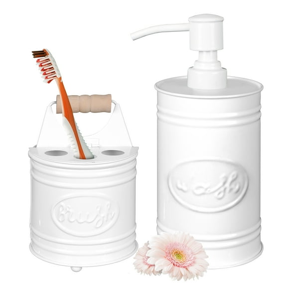 Autumn Alley 2 Piece Bathroom Accessories White Metal Set, Farmhouse Soap Dispenser & Toothbrush Holder