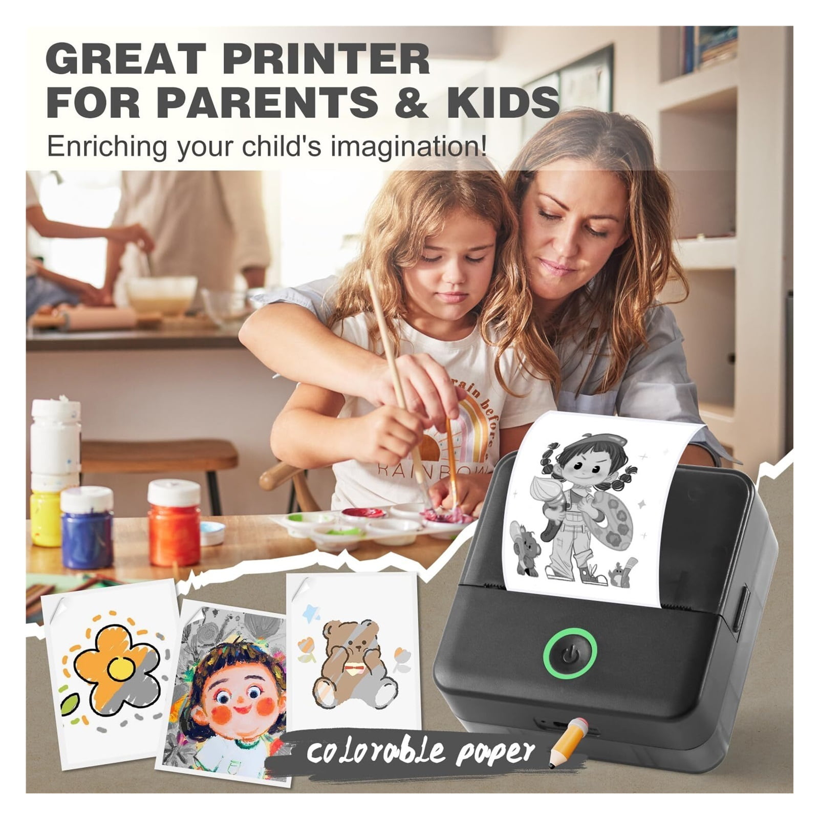 Mini Printer, Thermal Inkless Sticker Maker with 10 Rolls Printing Paper, Pocket Printpod for Phone, Impresora Portátil for Notes, DIY, Compatible with iOS & Android
