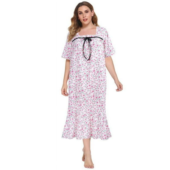 Women Plus Size Short Sleeve Floral Comfy Long Nightgown Sleepwear Sleep Dress XL-5XL