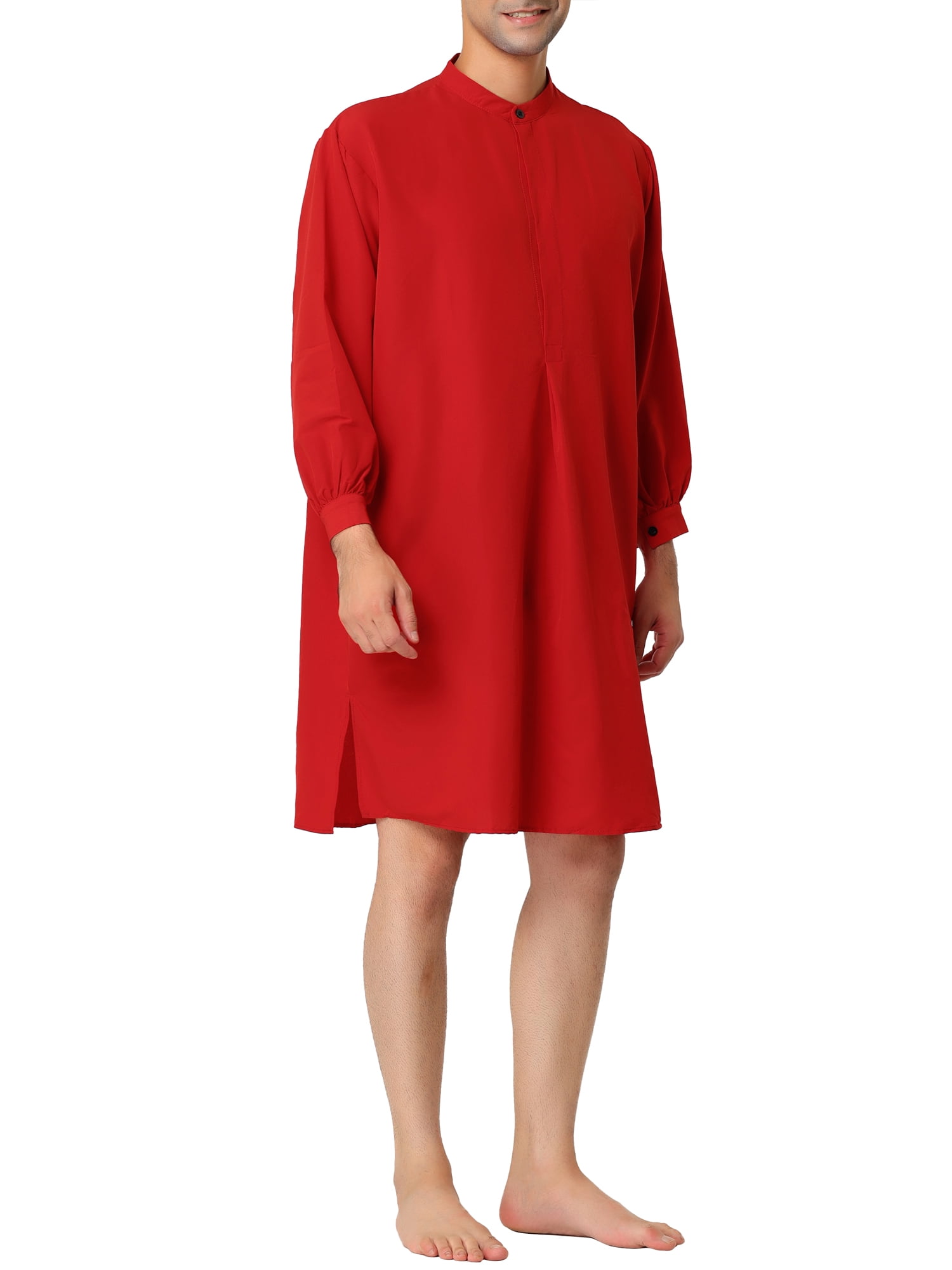 Unique Bargains Men's Banded Collar Nightshirt Sleep Shirt Nightgown S Red