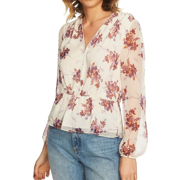 1.STATE Womens Wildflower Peplum Blouse, Off-White, X-Small