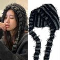 thumbnail image 2 of Lovely Knitted Laceup Ear Flap Beanies Hat for Adult All Matching 2000s Striped Pullover Hat Winter Warm Caps for Daily Use black gray, 2 of 4