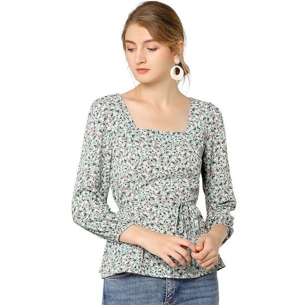 Blusa de Cintura con Cinturón Y Estampado Floral Allegra K para Mujer Cuello Cuadrado Gasa Vintage Menta Verde L