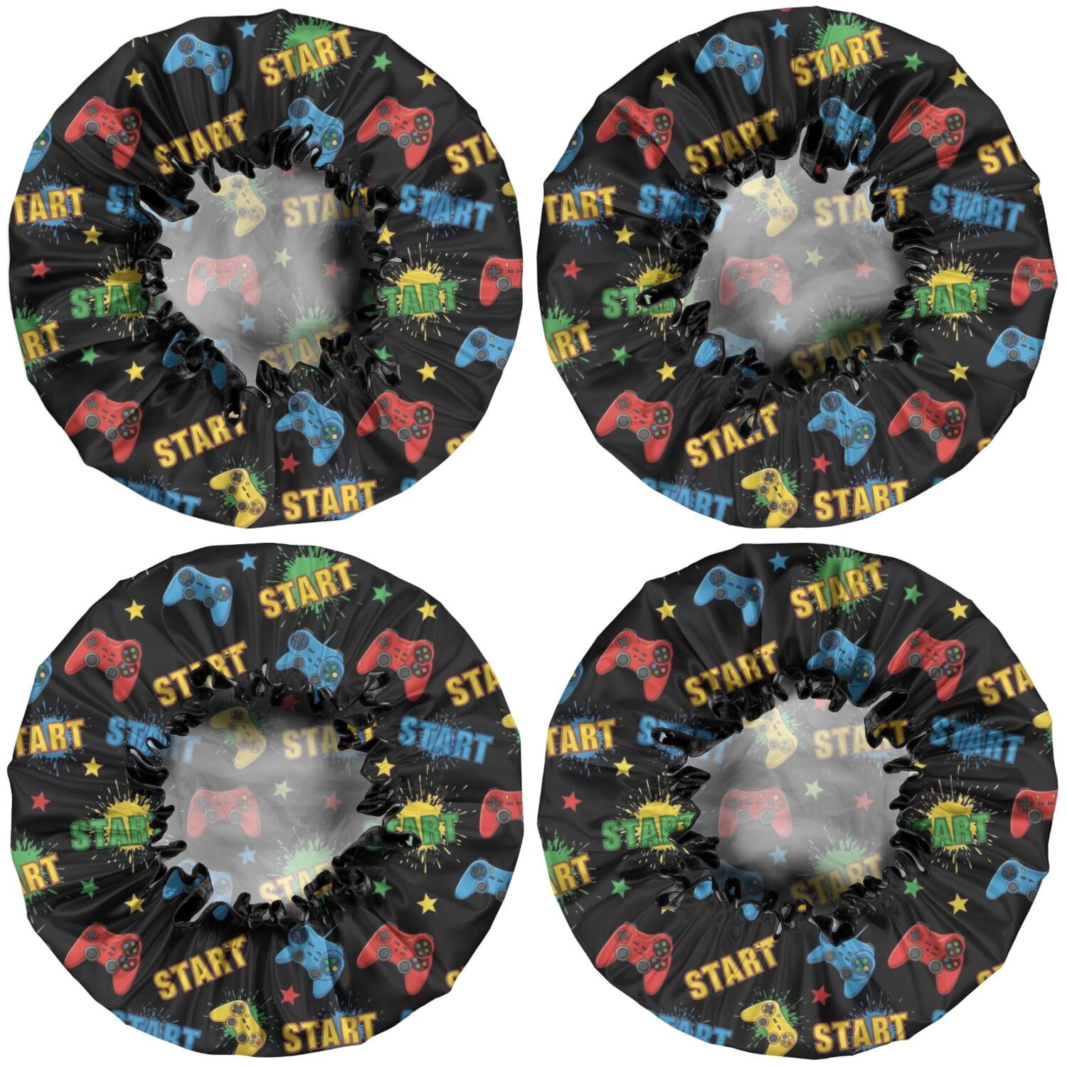 Shower Caps,Multicolor Controllers Games Icons Black Pattern Waterproof Shower Cap for Women 4 Pieces,Double Reusable Hair Cover for Shower PEVA Elastic Stretch Hem