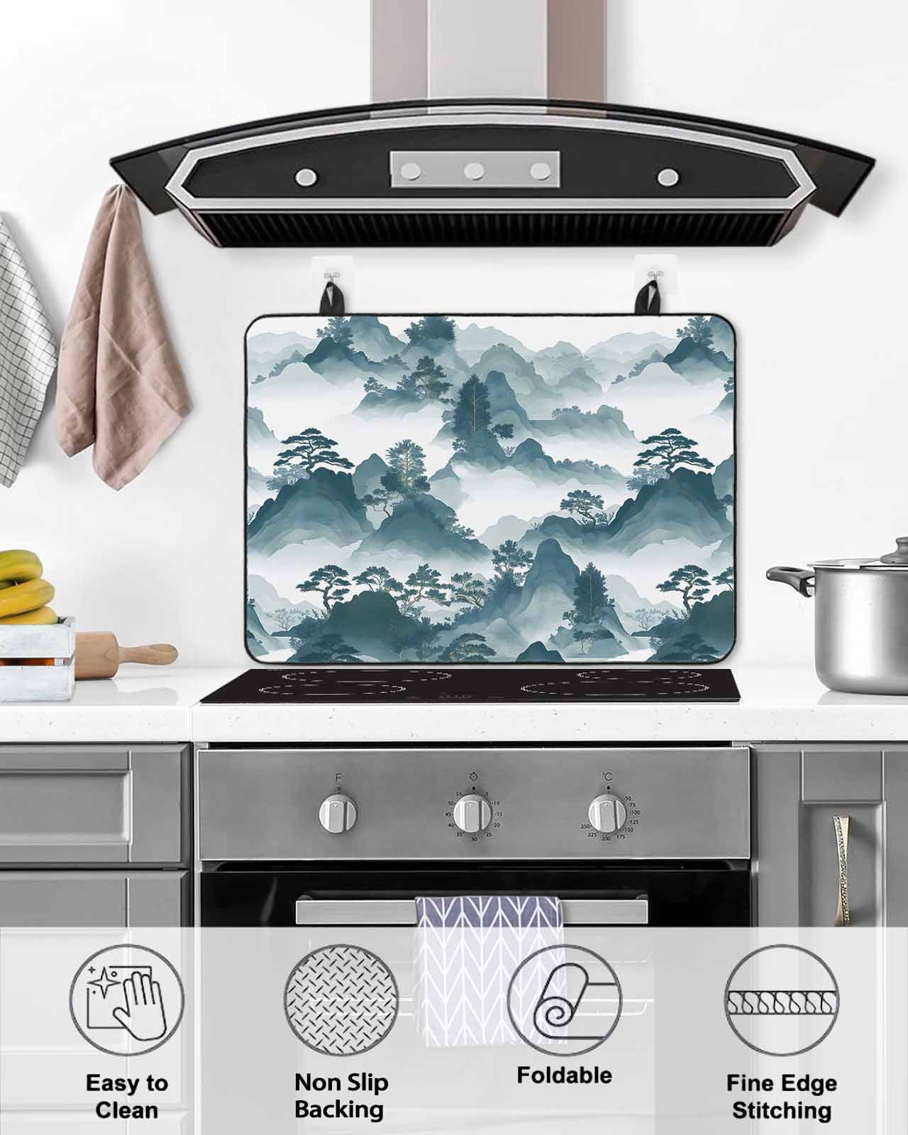 nqOlkjepod Large Induction Cooktop Protector Mat 24"x21", Teal Mountain Forest Stove Top Covers for Electric Stove, Retro Garden Nature Landscape Stove Burner Cover Mats, Glass Top Stove Cover