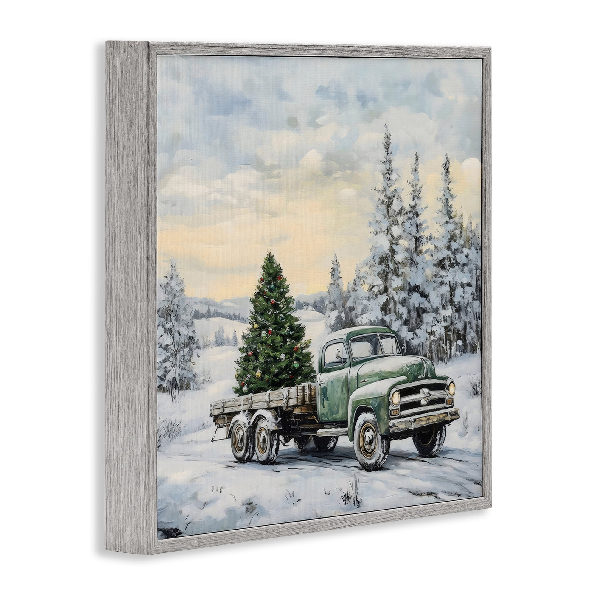 Green Christmas Tree Truck Gray Framed Giclee Art, design by Petal Prints Design