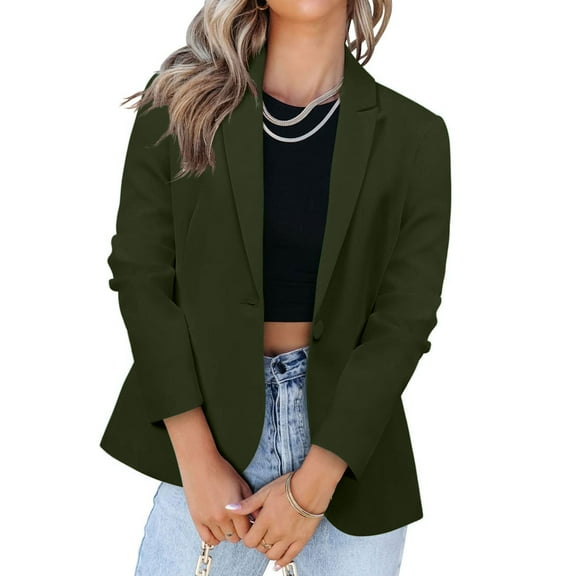BLTIBY Womens Blazer Fall Winter Solid Color Casual Button Cardigan Coat Long Sleeve Open Front Blazers Jacket Lightweight Business Work Suits with Pockets Army Green XXL