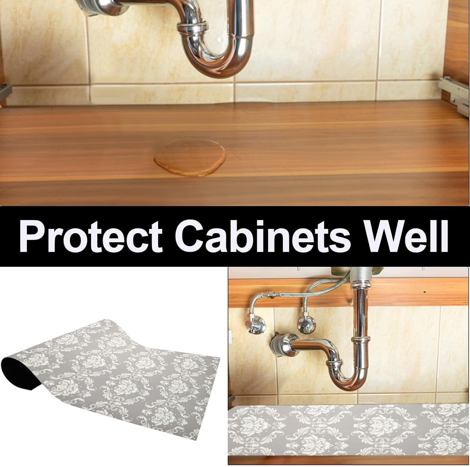 Waterproof Under Sink Mat, Absorbent Quick Dry Sink Liners Protect Cabinets, Durable Shelf Liners, Slip Resistant and Non-Adhesive, 24X68, Light Grey