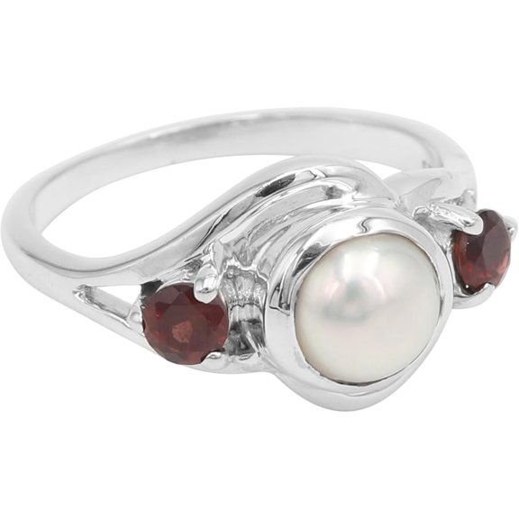 Pearl & Garnet Sterling Silver Ring – Handmade 925 Silver Women’s Elegant Gemstone Jewelry