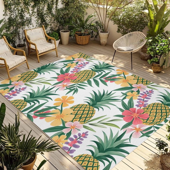 Pineapple Outdoor Rug for Patio/Deck/Porch, Non-Slip Large Area Rug 5 x 8 Ft, Summer Nature Tropical Fruit Flowers Leaves Indoor Outdoor Rugs Washable Area Rugs, Reversible Camping Rug Carpet Runner