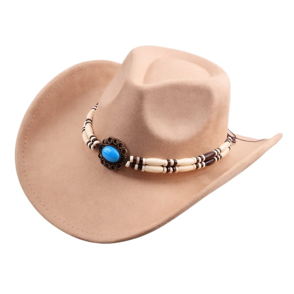 Voska Faux Suede Wide Brim Western Fedora Hat Turquoise Beaded Decor Cowboy Jazz Hat Unisex Fashion Hat For Daily Travel Outdoor Photograph Party Stage Performance