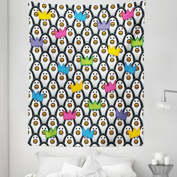 Colorful Tapestry, Penguins Wearing Colored Party Hats Crowns Rows of Staring Penguins South Pole, Fabric Wall Hanging Decor for Bedroom Living Room Dorm, 5 Sizes, Multicolor, by Ambesonne