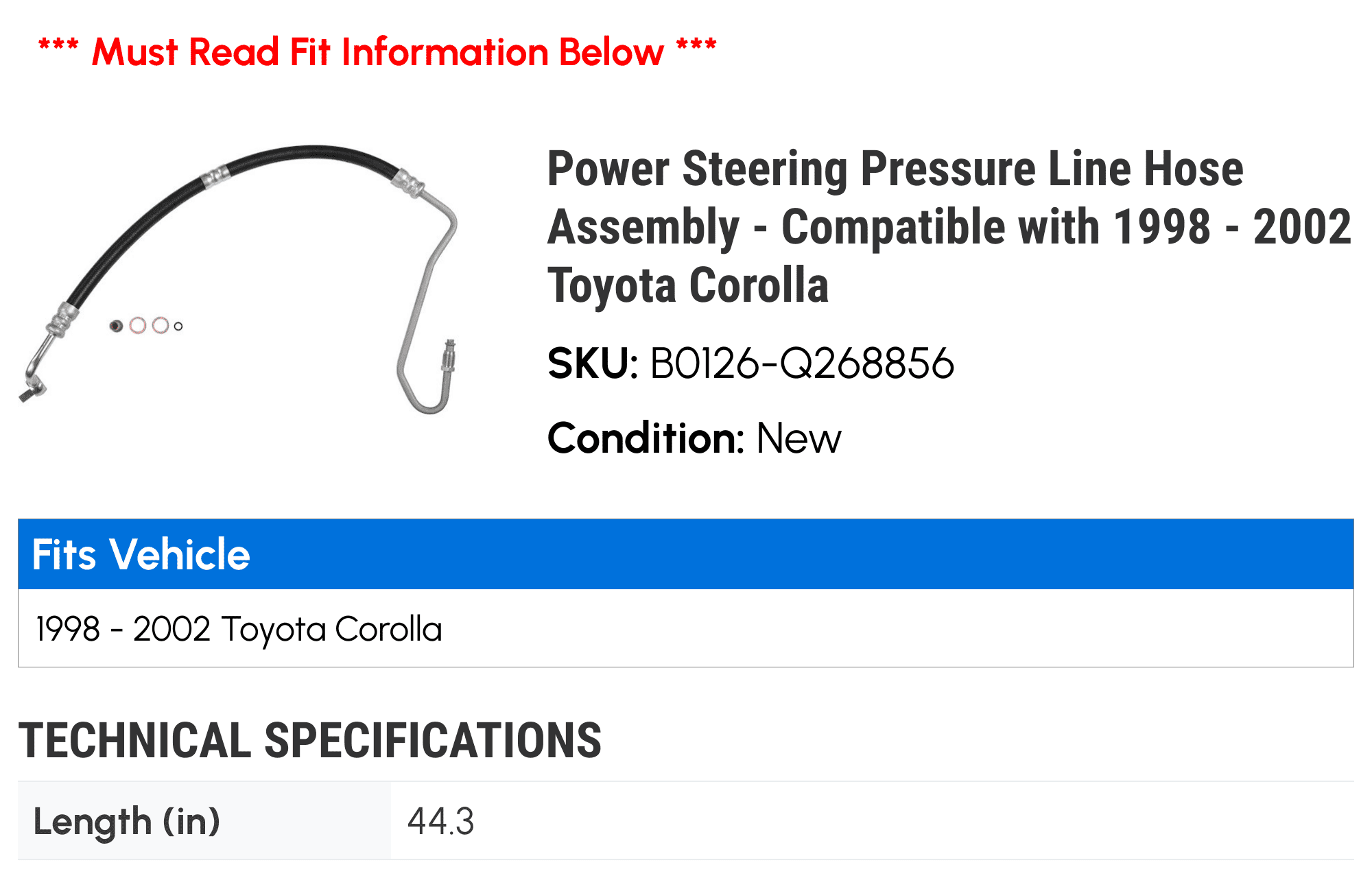 Power Steering Pressure Line Hose Assembly - Compatible with 1998 - 2002 Toyota Corolla 1999 2000 2001