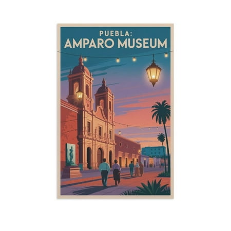Twilight Plaza Wall Art Amparo Museum Puebla Mexico Vintage Travel Poster Modern Architecture Sculptures Romantic Scene Print Poster