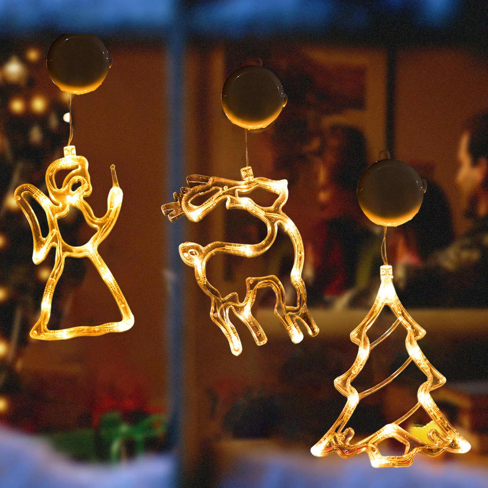 Lot De 3 Lampes LED à Ventouse Pour Noël - Père Noël, Cadeau, Flocon - Décore Fenêtres Intérieur/extérieur