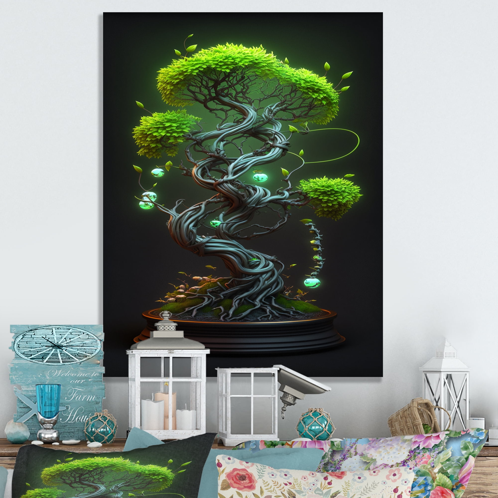Designart Bonsai Swirl Tree Neon II Canvas Wall Art