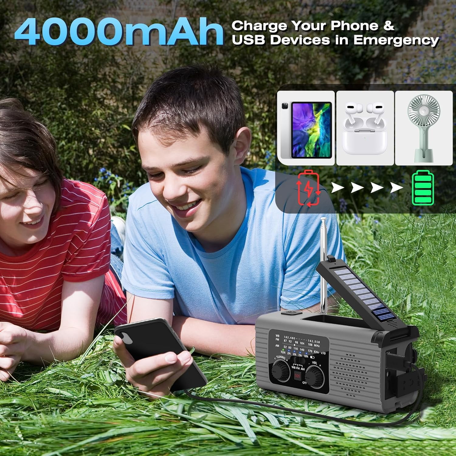Emergency Radio, 4000mAh Solar Hand Crank Weather Radio for Hurricane Season, NOAA AM/FM Portable Radio with Phone Charger, LED Flashlight & Reading Lamp, SOS Alarm, Survival Gear for Home Power Outa