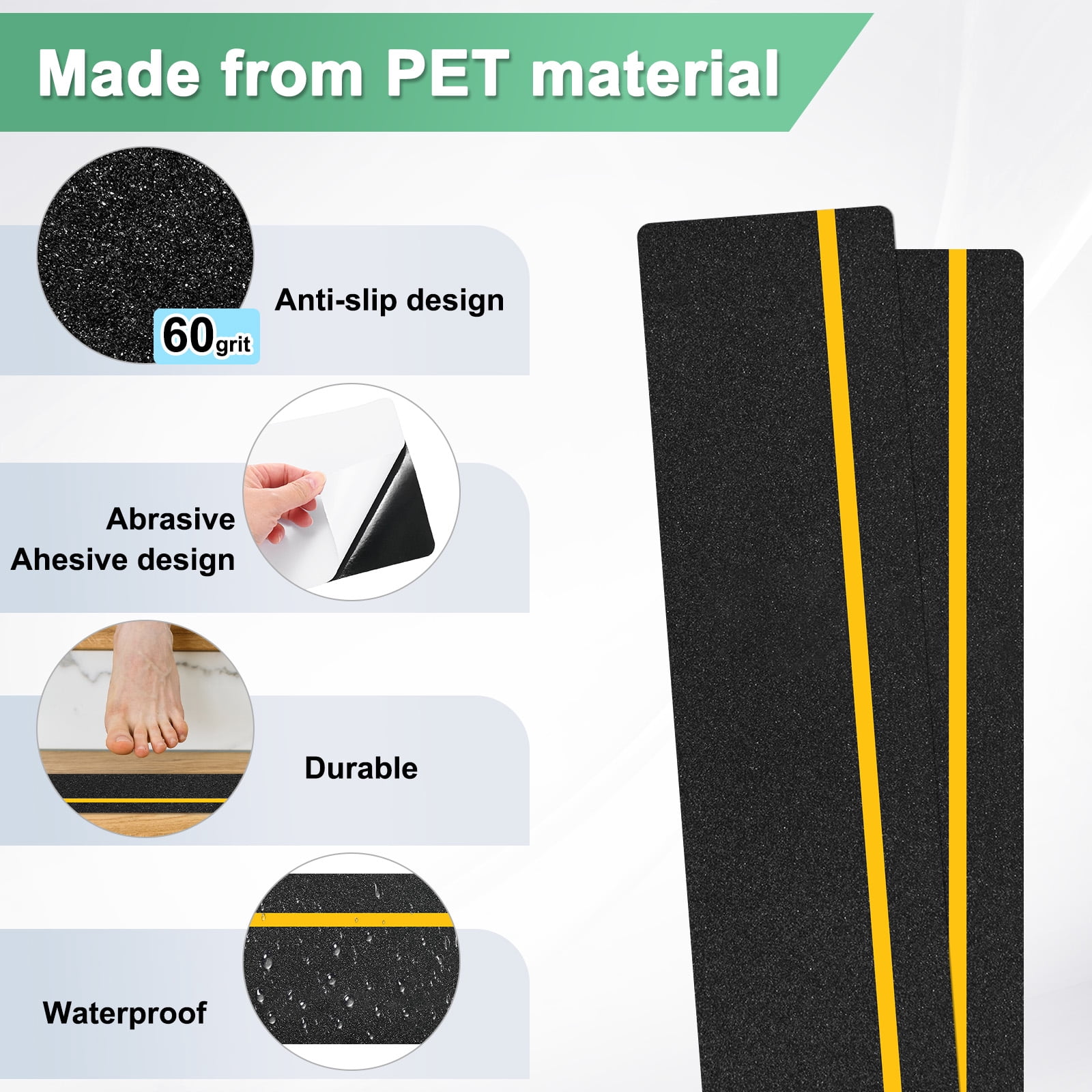 Uxcell 5-Pack Anti Slip Traction Tape 24 Inch X 6 Inch Best Grip Tape Grit with 12mm Glow in Dark Stripe Outdoor Non-Skid Tape for Stairs Step Black+Yellow