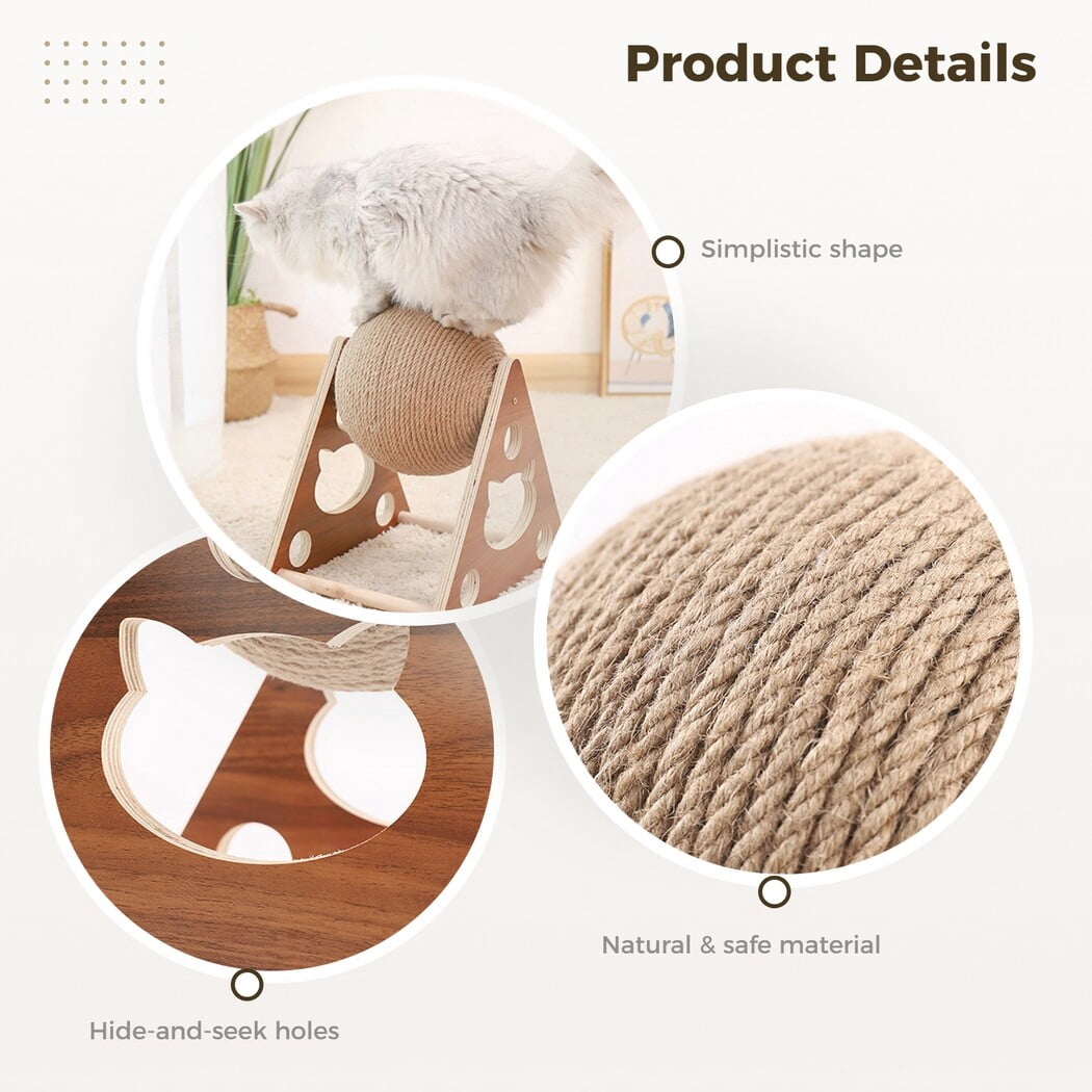 Cat Scratcher Toy, Cat Scratching Ball Toy, Natural Sisal Scratcher Ball, Spinning Cat Ball Toy, Solid Wood Scratching Toy for Cats & Kittens, Indoor Interactive Pet Toy